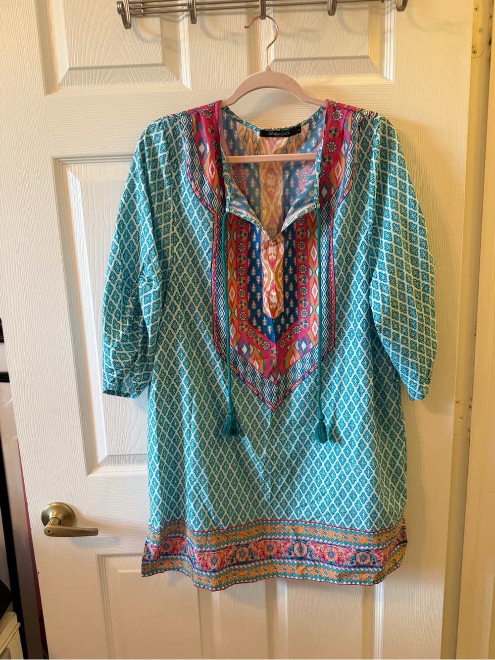 Turquoise Printed Long-Sleeve Tunic with Pink Embroidered Yoke